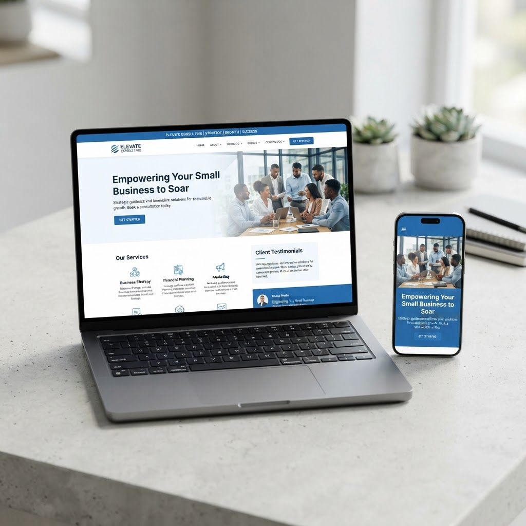 Modern small business website shown on a laptop and phone